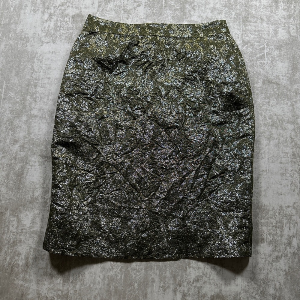 J.Crew Collection Pencil Skirt Women 4 Gold Crinkled Metallic Silk Blend Luxe